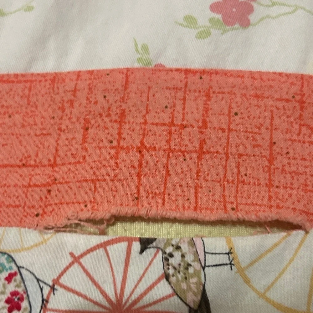 GUC Modern handmade quilt in corals, pinks and greens. Nursery. Needs TLC repair